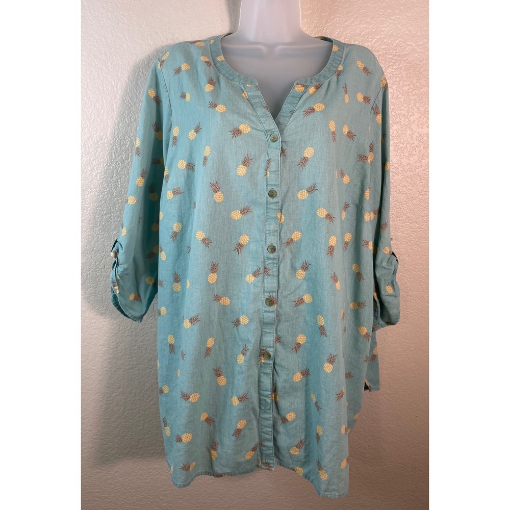 Catherines 1X Button Front Tunic Teal Pineapple Linen Blend Roll Tab Sleeves